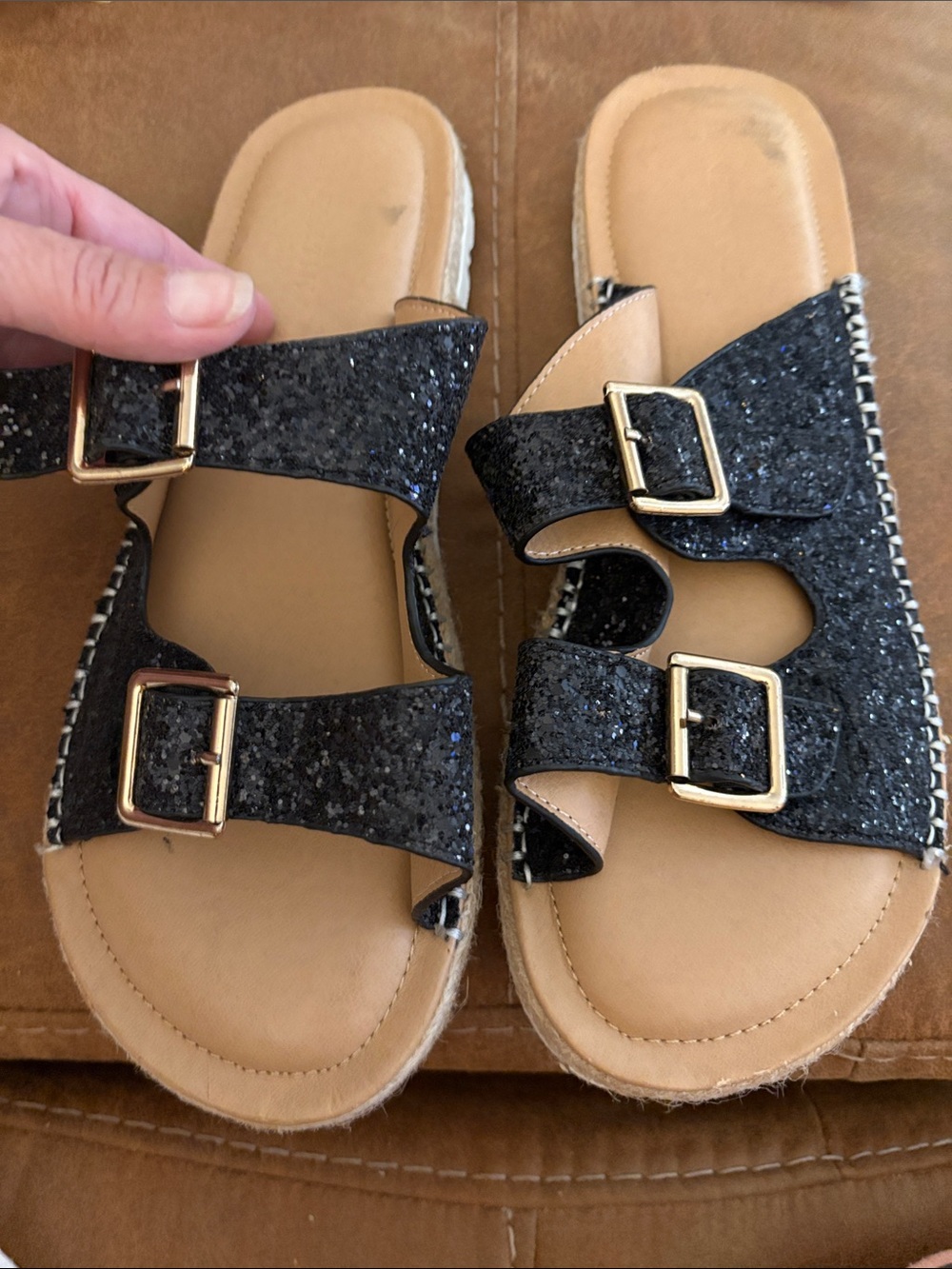 Lane Bryant Black Glitter Double-Buckle Slide Sandals 12W